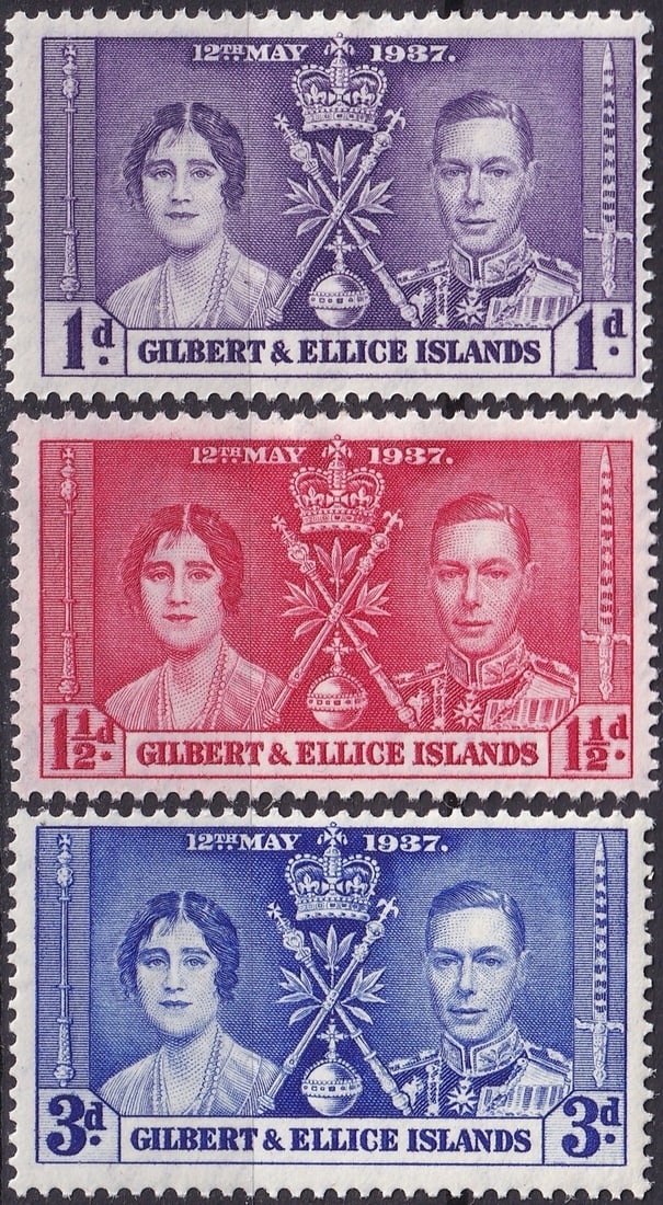 1937 Gilbert & Ellice Islands Coronation Set 1d–3d King George VI & Queen Elizabeth, Scott 37–39: Issued on June 22, 1948, this first official stamp issue of the Tokelau Islands features local village scenes combined with inset maps of the islands. Printed by recess engraving and perforated 13&fra