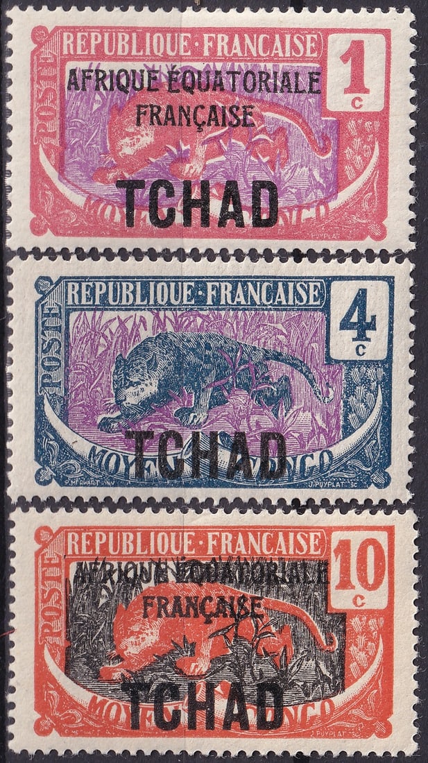 Chad French Equatorial Africa 1922 1924 1925 Definitives Overprints Scott TD3 TD19 TD26: This attractive trio of early twentieth century colonial issues from Chad, produced under the administration of French Equatorial Africa, presents three engraved definitive stamps originally designed