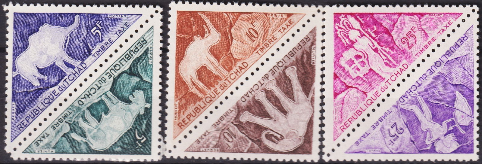 French 1962 Chad Triangular Postage Due Set Cave Paintings Scott J26a–J30a Complete: Complete se-tenant set of triangular Postage Due stamps issued by the Republic of Chad in 1962, listed as Scott J26a–J30a / Michel TD P25–P30 / Yvert & Tellier T25–T30 / Stanley Gibbons D91a–D