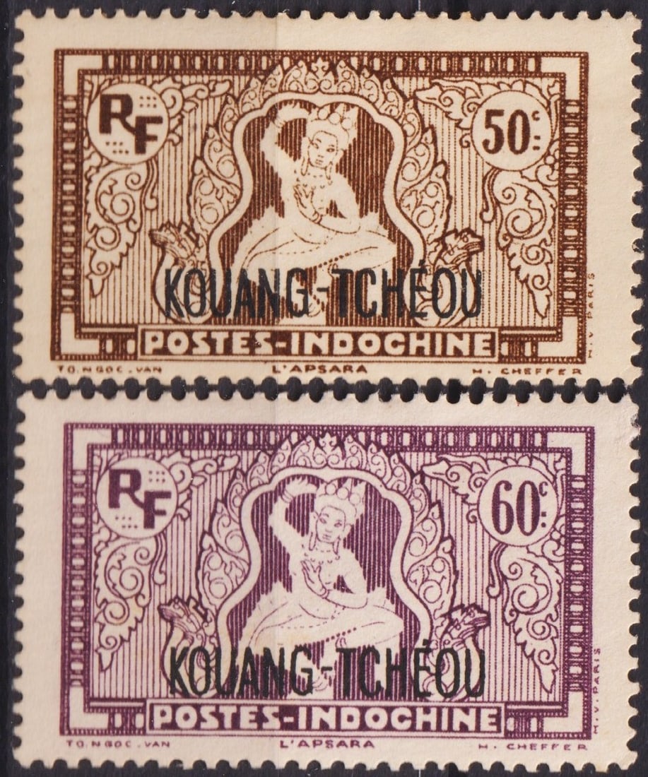 French Kouang-Tcheou 1937 Apsara Overprint 50c–60c Pair, Scott FR-KT 127/128: Issued in 1937 for the French Post Office in Kouang-Tchéou, this pair of overprinted Indochina stamps represents one of the most evocative colonial issues of the period. Originally part of the celebr