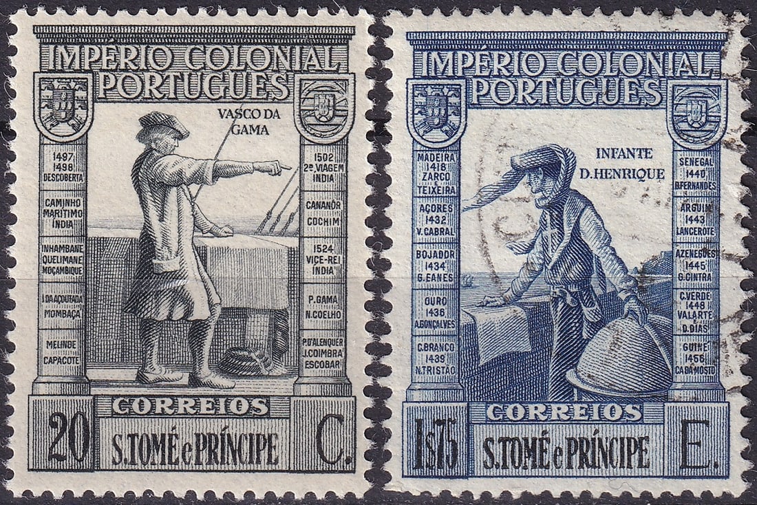 Sao Tome and Príncipe 1939 Vasco da Gama & Prince Henry the Navigator (SG 378–387, Mi 328–337): Issued in 1939 as part of the definitive Império Colonial Português series, these two beautifully engraved stamps from São Tomé and Príncipe honor Portugal’s greatest maritime explorers — Vas