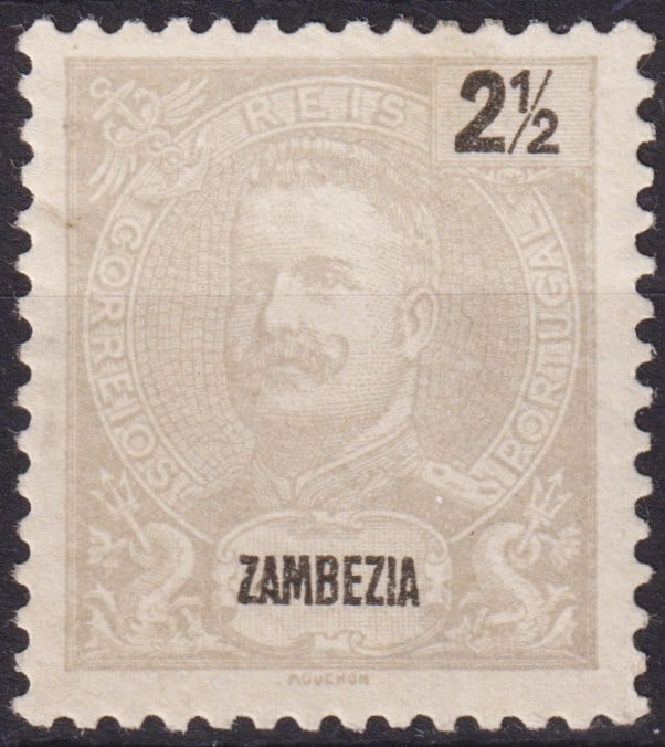 1898 Zambezia 2 1/2 Reis Gray King Carlos I Overprint, Scott 13: Issued in 1898 for the Portuguese colony of Zambezia, this 2 1/2 Reis definitive belongs to the series depicting King Carlos I of Portugal, catalogued as Scott PT-ZA 13, Michel PT-ZA 14, Yvert et Tell