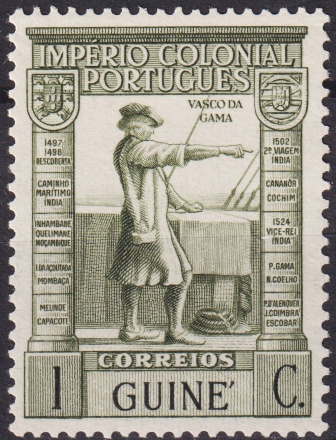 Portuguese Guinea 1938 Vasco da Gama “Império Colonial Português?? 1 Centavo Black (SG 270,: Issued in August 1938 as part of the monumental “Império Colonial Português” definitive series, this 1 Centavo stamp from Portuguese Guinea (now Guinea-Bissau) celebrates the legacy of Vasco