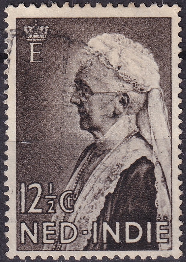 Netherlands Indies 1934 Queen Emma Anti-Tuberculosis Semi-Postal Scott NL-IN B20: Issued on September 15, 1934, this 12½ (+ 2½) cent dark brown semi-postal stamp from the Netherlands Indies was released to raise funds for the Dutch Anti-Tuberculosis Society. Designed