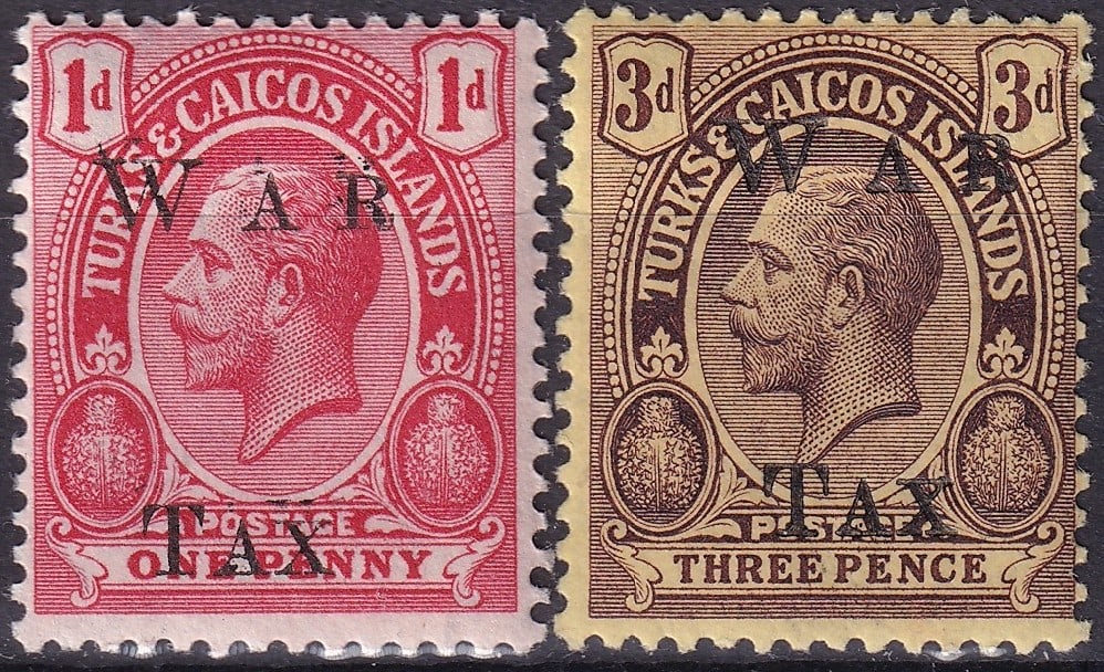 1919 Turks and Caicos Islands War Tax Scott MR12 and MR13: Issued in 1919 at the close of the First World War these War Tax stamps from Turks and Caicos Islands illustrate how fiscal measures were added to regular postage in order to help support colonial fin
