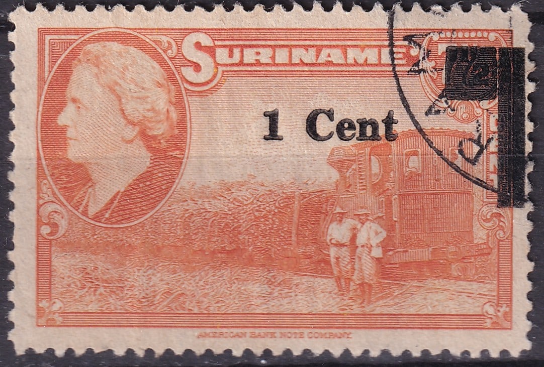 Suriname 1950 Queen Wilhelmina 1 Cent Orange Railway Issue, SG 383: This attractive 1 Cent orange definitive stamp of Suriname, issued in 1950 and printed by the renowned American Bank Note Company, represents one of the most iconic mid-20th-century designs from the f