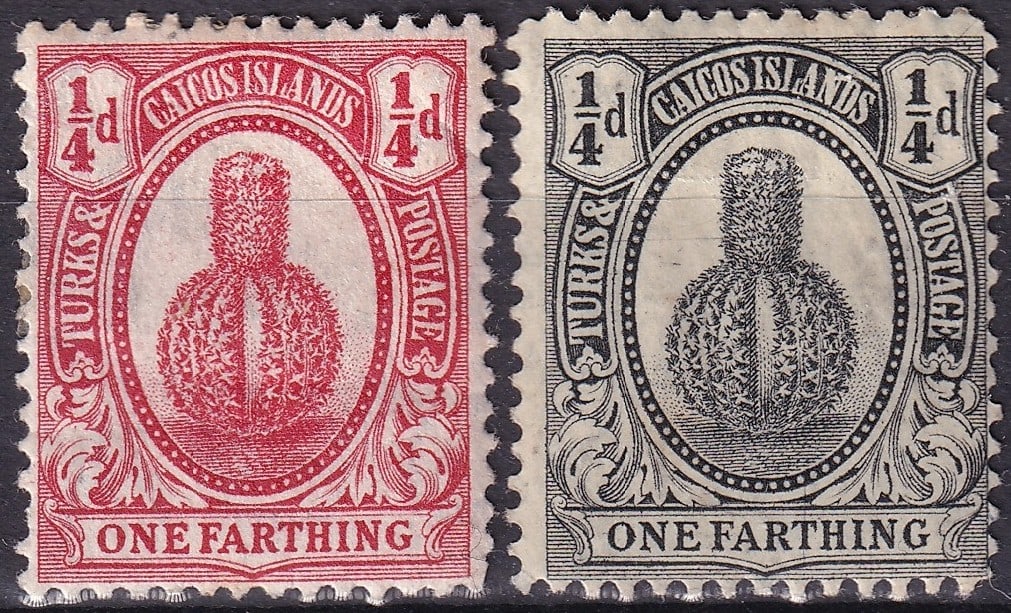 Turks Caicos 1910 and 1926 Cactus One Farthing definitive engraved rare classic: This attractive paired offering presents two key definitive issues from Turks and Caicos showing the iconic local cactus design engraved with exceptional precision and carrying strong historical and a