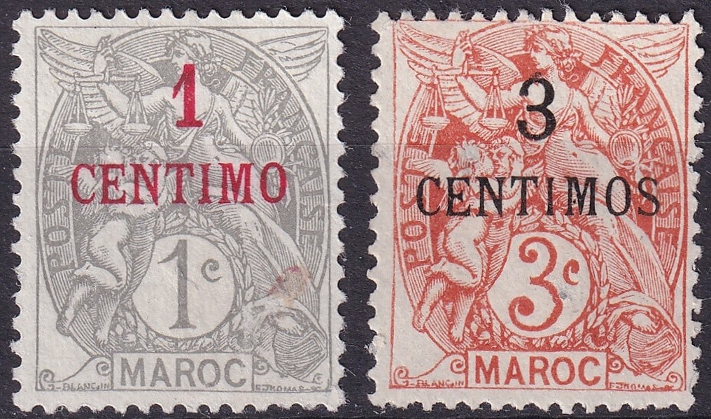 1908 Type Blanc, Spanish OVP "1–3 Céntimos", MNH, Scott FR-MA 11, 13: This pair of stamps from the 1908 "Type Blanc" series, issued under French administration in Morocco, features the Spanish currency overprint “CÉNTIMO(S)” on the allegorical "Type Blanc" desi
