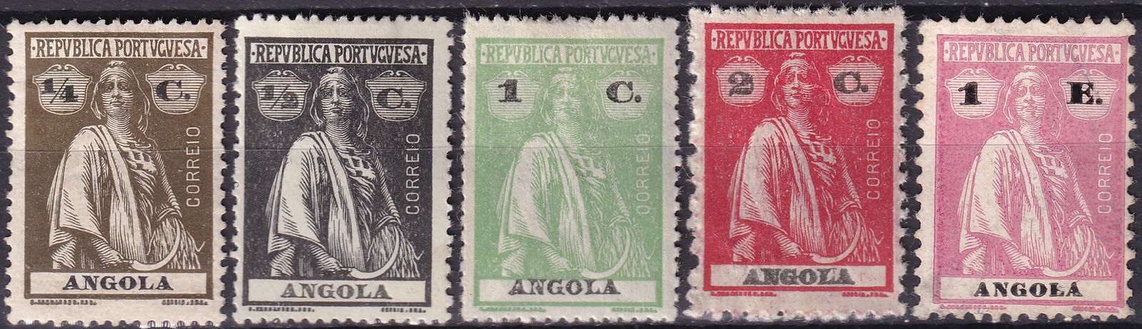Portuguese Angola 1914–1923 Ceres Issue Michel AO 142Az / SG 276a: This attractive group presents four classic issues from the Portuguese colonial “Ceres” series for Angola, printed typographically by Casa da Moeda, showing the allegorical figure of Ceres —