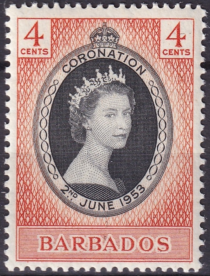 1953 Barbados Coronation four cents Scott 234: Issued in 1953 to commemorate the Coronation of Queen Elizabeth II this Barbados four cent commemorative displays a beautifully engraved portrait of the young queen in diadem within an oval frame crow