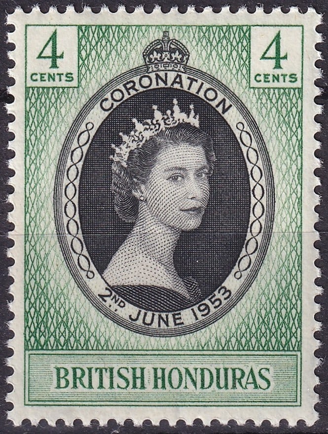 British Honduras 1953 Coronation 4c – Scott 143 Engraved CA Watermark Issue: Issued on 2 June 1953 to commemorate the coronation of Queen Elizabeth II, this 4 Cents engraved stamp from British Honduras represents one of the most widely collected Commonwealth coronation issues