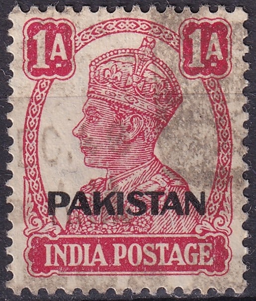 Pakistan 1947 King George VI 1 Anna Overprint Scott PK4 – Used: This 1 Anna definitive from 1947 represents one of the earliest postal issues of the newly created Dominion of Pakistan, produced by applying a bold black PAKISTAN overprint to existing Indian King Ge