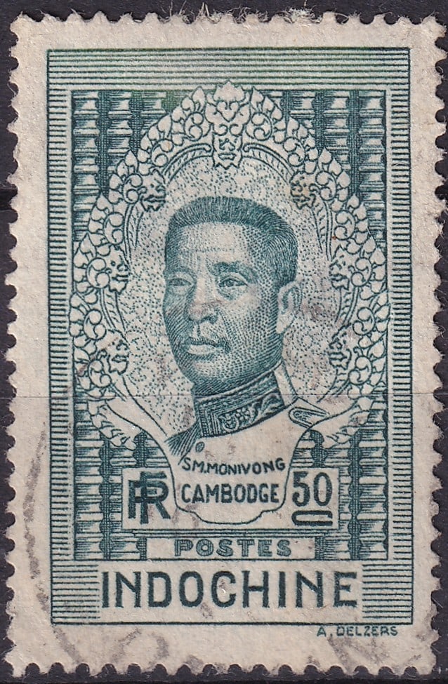 1936 French Indochina 50c King Monivong of Cambodia (Scott 190): Issued on 20 November 1936, this 50-cent engraved stamp from French Indochina depicts Preah Bat Sisowath Monivong (1875–1941), King of Cambodia from 1927 until his death. Designed and engraved by th