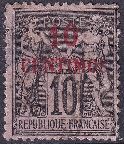 1893 Morocco Sage Type II, 10c red surcharge, SG FR-MA 5: This early colonial stamp was issued in 1893 by the French postal service in Morocco and features the renowned “Type Sage” design, specifically the Type II variant. Depicting allegorical figur