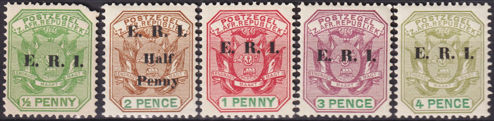 British South Africa 1901–1902 Coat of Arms with E.R.I. Overprint Mint Set Scott ZA-TV 246–250: This remarkable mint set from Transvaal comprises five stamps issued between 1901 and 1902, each bearing the distinctive overprint "E.R.I." (Edward Rex Imperator) applied during the transitional Briti