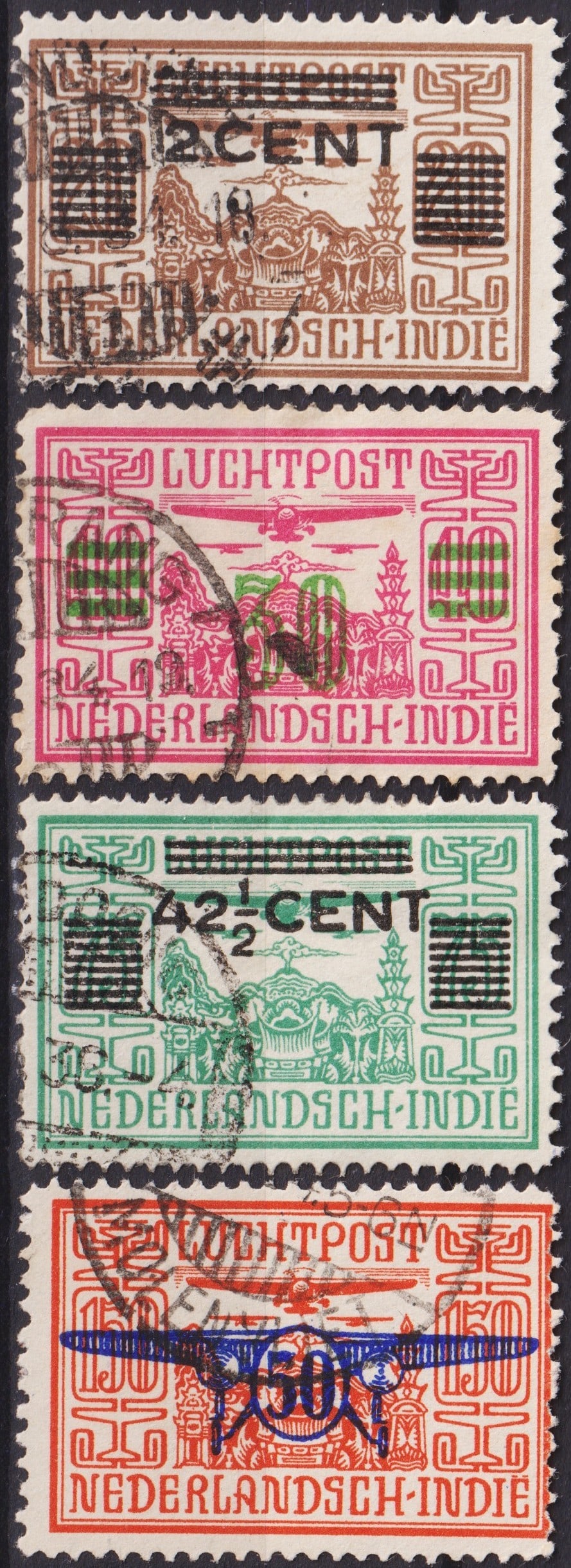 Netherlands Indies 1932–34 Airmail & Clearance Overprints Scott C12–C17 Used: This attractive group of four airmail and clearance issues from the Netherlands Indies highlights the experimental period of aviation postal services in Southeast Asia during the early 1930s. Printed