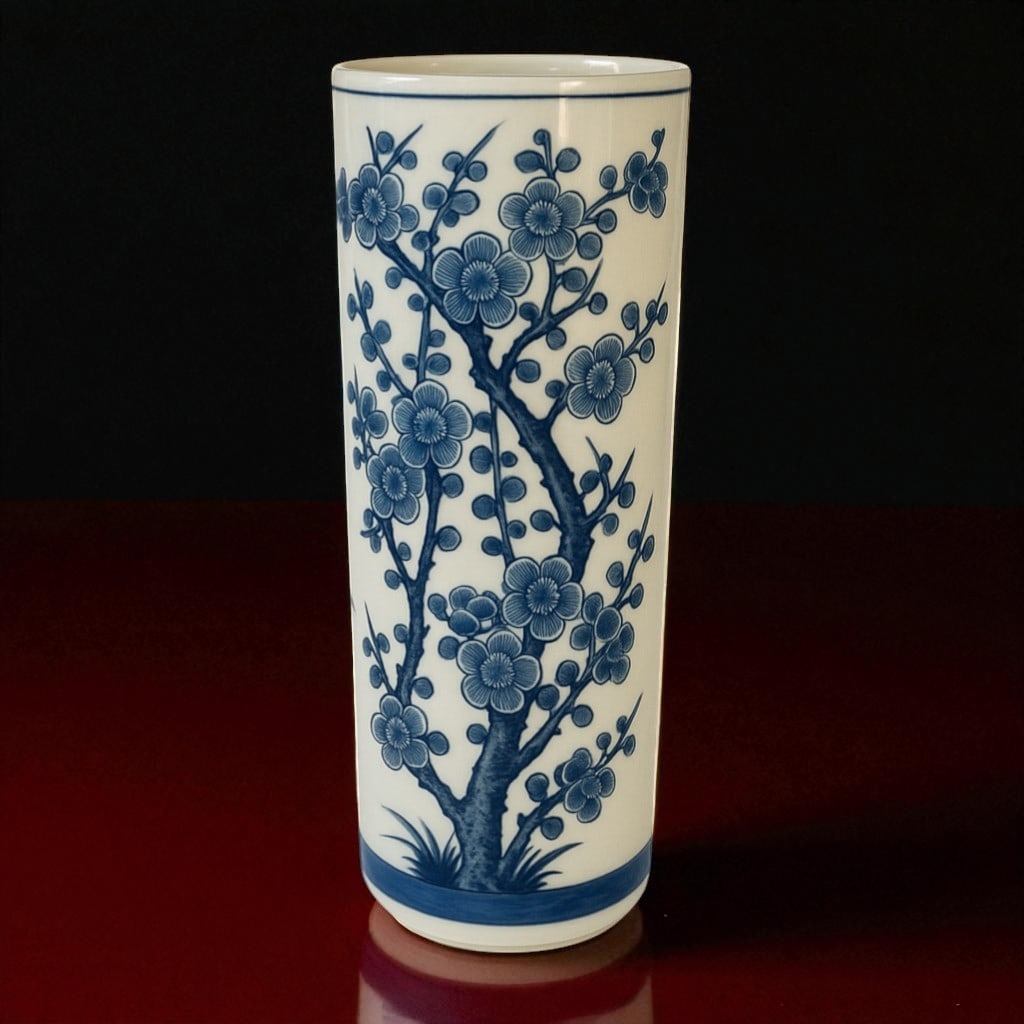 Tall Blue and White Porcelain Brush Vase with Plum Blossom, Marked, 20th Century: An elegant and well-proportioned blue and white porcelain brush vase, standing 30 cm tall, likely produced in the mid-20th century, inspired by Qing dynasty scholarly wares. The cylindrical form, smoo