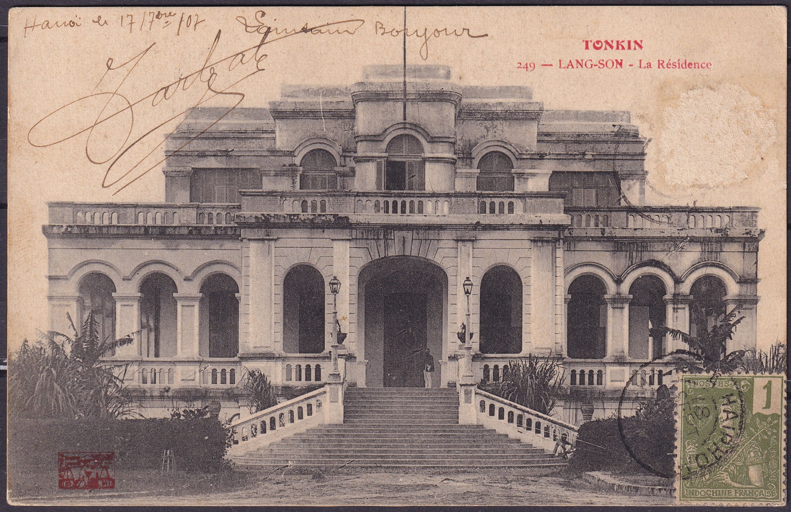 1907 French Indochina colonial postcard Tonkin Lang Son Government Residence Scott FR-IC 24: A fine early twentieth century colonial postcard from French Indochina showing the impressive Residence in Lang Son Tonkin during the height of the French colonial administration. The postcard is fran