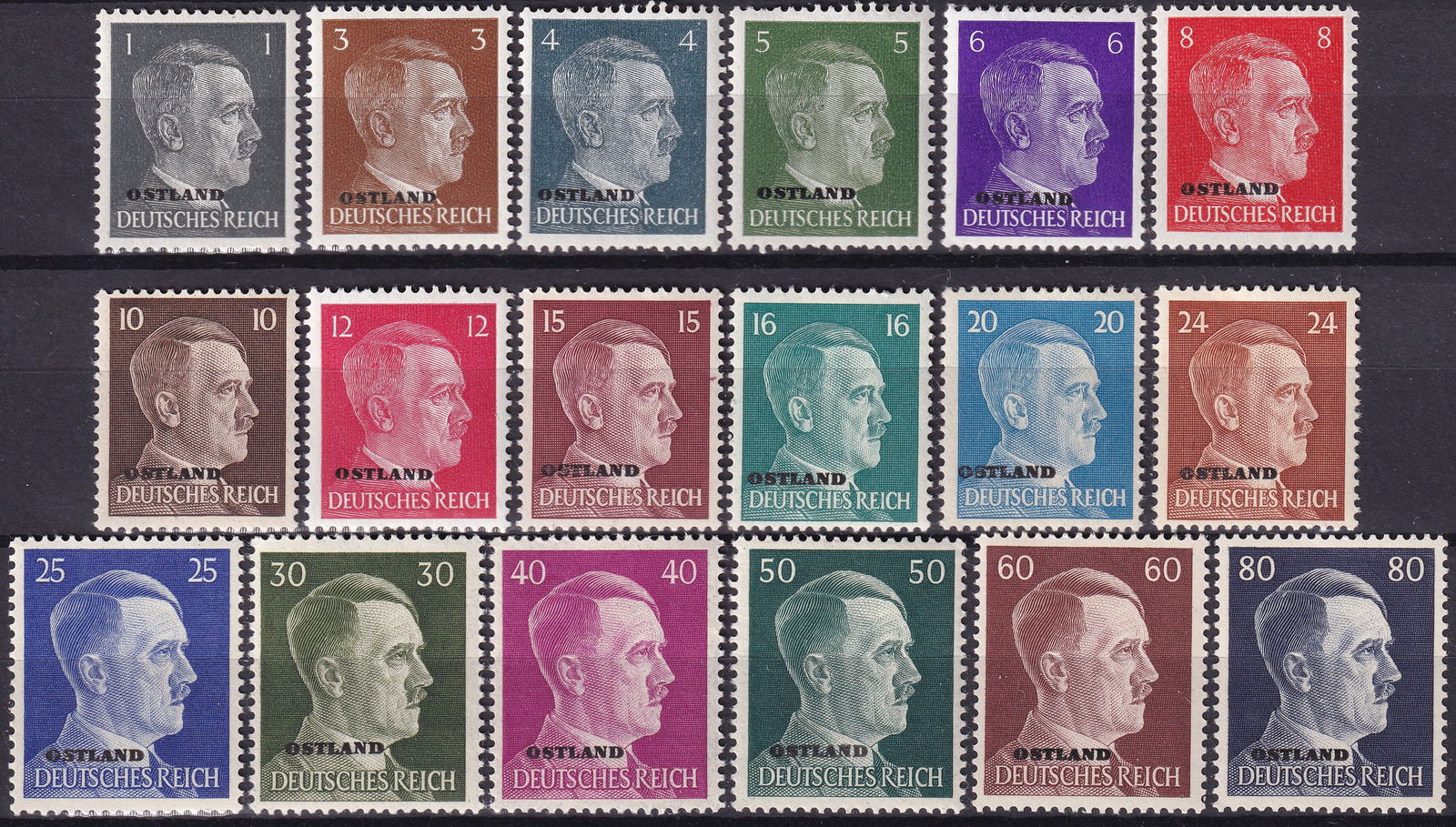 German occupation 1941 Ostland German Occupation Series Scott RU N21N40: This complete 1941 Ostland German occupation series presents the full set of typographed and engraved definitive stamps issued for use in the territories administered as Ostland during the Second Worl