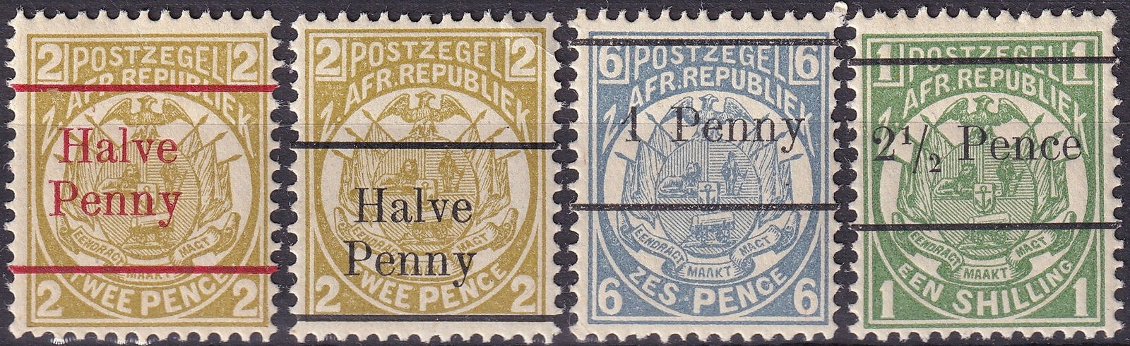 1893 Transvaal Coat of Arms Overprint Set ½d–2½d SG195–198: A remarkable set of four surcharged stamps from the South African Republic (Transvaal), issued in 1893 and forming part of the “Coat of Arms” definitive series originally introduced in 1885. C