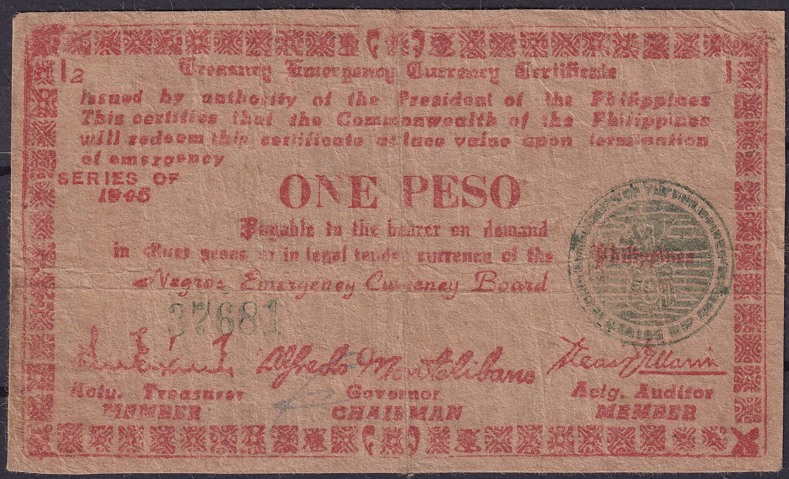 1943 Philippines Negros Oriental Emergency Note 1 Peso P S661 (1 of 2)