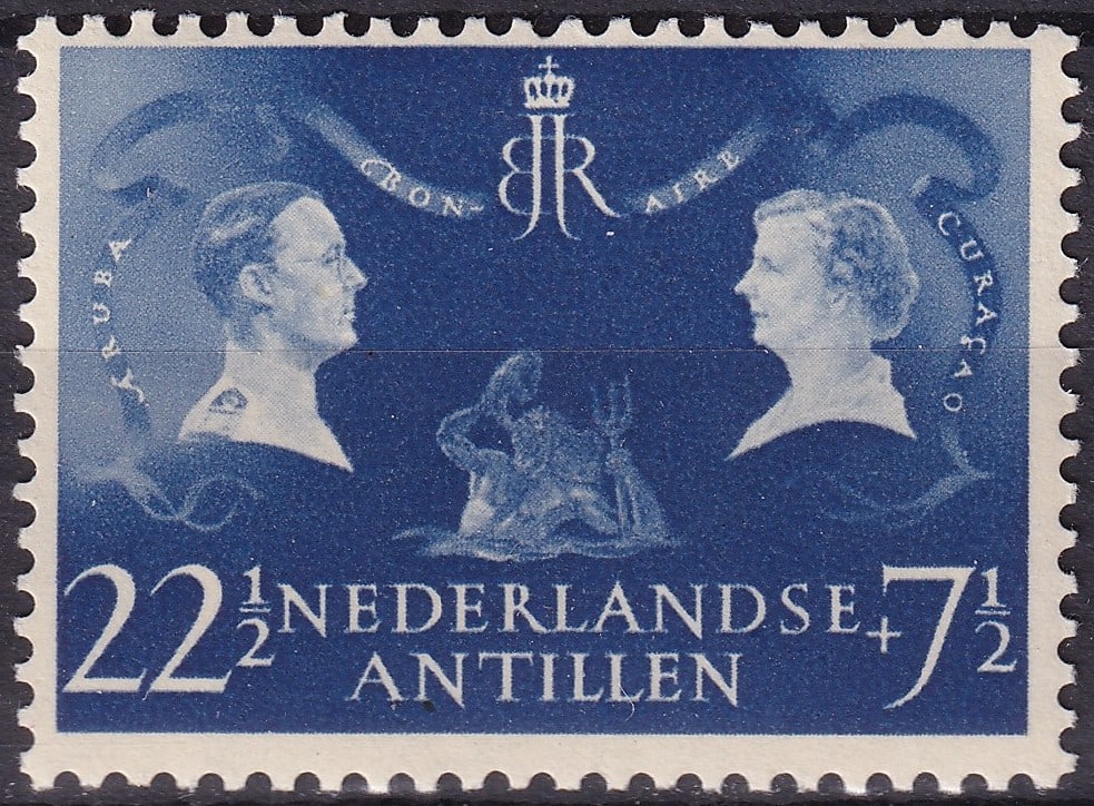 1955 Netherlands Antilles Royal Visit Semi-Postal, Scott B27, Mint: Issued in 1955 to commemorate the historic state visit of Queen Juliana and Prince Bernhard to the Netherlands Antilles, this semi-postal 22½+7½ cent stamp stands as one of the most repr