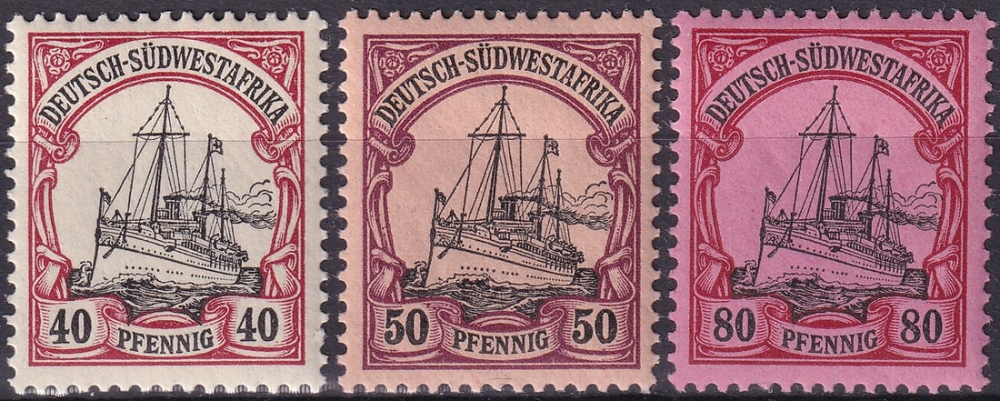 1901 German South West Africa Yacht Issue Scott 19 20 21 MH VF Trio: This attractive trio of classic colonial issues originates from German South West Africa and forms part of the celebrated Yacht Hohenzollern definitive series introduced in 1901 during the height of t