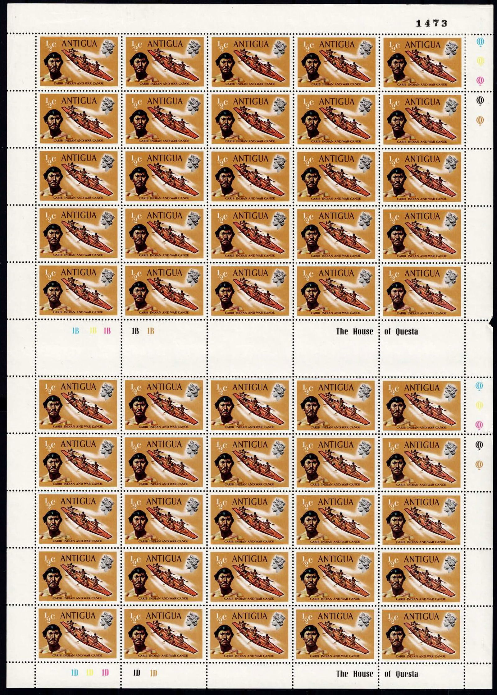 1972 Antigua ½ Cent Ships Definitive Full Sheet SG 323 (1 of 2)