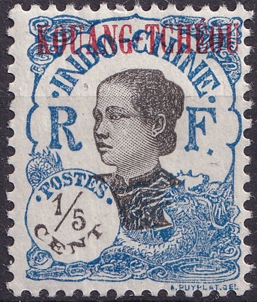 France 1923 Kouang-Tchéou Indochinese Woman 1/5c Blue, Scott #55: Issued in 1923 for the French post office in Kouang-Tchéou (Kwangchowan), this scarce 1/5 cent stamp features the celebrated Indochinese Woman design by Jules-Jacques Puyplat, overprinted in red KOUA