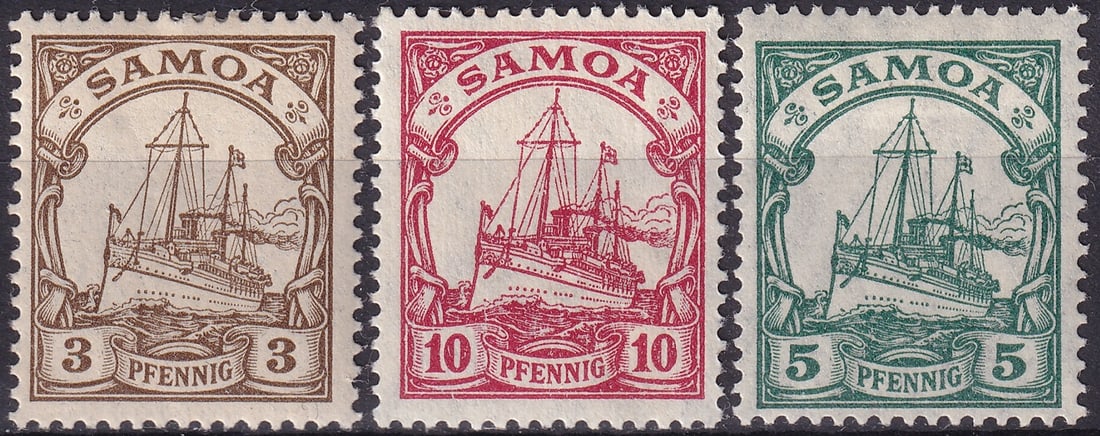 1919 Samoa German Administration Yacht Hohenzollern Set Scott WS 70 71 72: This attractive and historically significant mint set of three stamps originates from Samoa under German administration and belongs to the Yacht Hohenzollern issue with watermark, released in 1919 dur