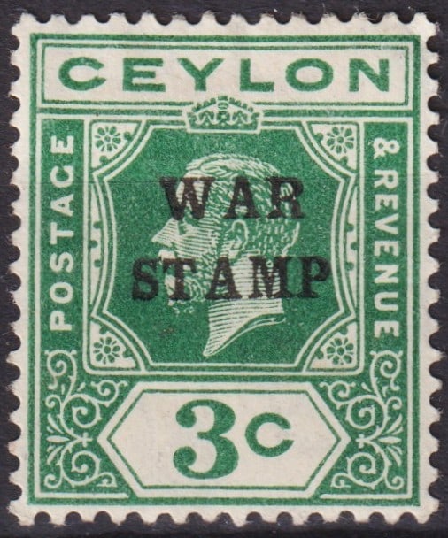 British Ceylon 1918 King George V OVP War Stamp 3c Green, Scott MR2: Issued in 1918 during the First World War, this scarce War Tax stamp from Ceylon features the profile of King George V in an elegant typographic design printed in green, with bold black overprint "WAR