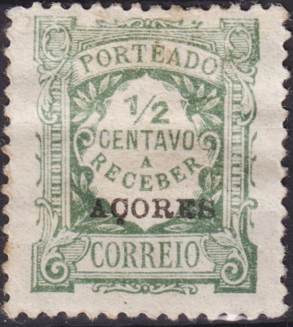 Portuguese 1923 Azores Postage Due ½c Olive Green, Scott J30: Issued in June 1923, this postage due stamp from the Azores is a fine example of Portugal’s early 20th-century colonial postal issues, bearing the overprint “AÇORES” on the unicolor Portugu