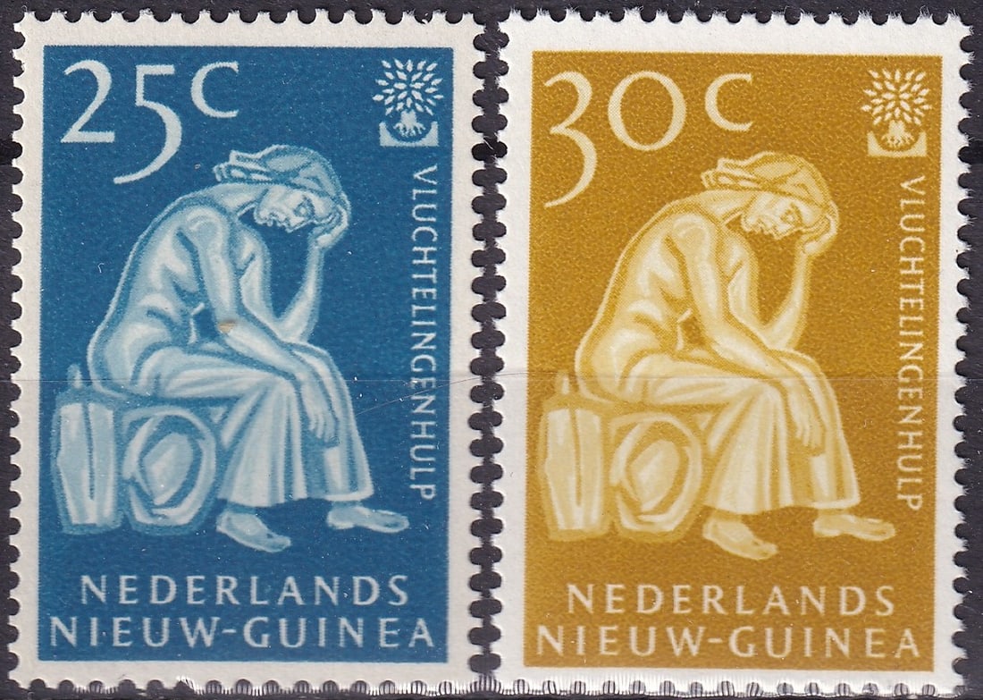 1960 Netherlands New Guinea Refugee Year Set 25c & 30c (Scott 39 & 40): Issued in 1960 by Netherlands New Guinea, this commemorative pair—comprising the 25 cent grey-blue and the 30 cent yellow-ochre values (Scott 39 and Scott 40)—was created to mark the World Refugee