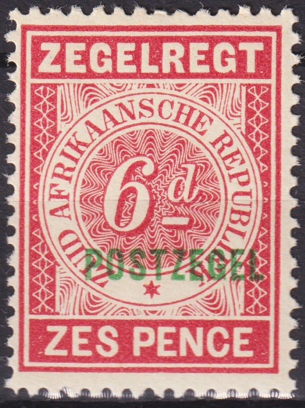 Dutch Transvaal 1895 6d Red Revenue with Green "POSTZEGEL" Overprint, Scott ZA-TV 164: This scarce 6 pence revenue stamp of the Zuid-Afrikaansche Republiek (South African Republic/Transvaal) was issued in July 1895 and shows the bold green "POSTZEGEL" overprint on the 1886 fiscal issue.