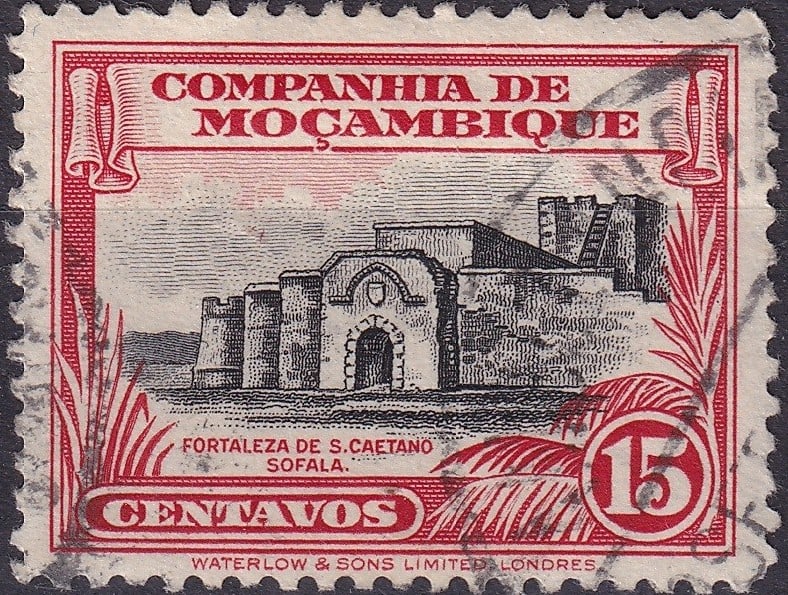 Mozambique Company 1937 15c Fortress Sofala stamp: Issued in 1937 by the Mozambique Company, this engraved 15 centavos stamp depicts the historic Fortress of São Caetano in Sofala, an important symbol of Portuguese colonial presence along the East Af