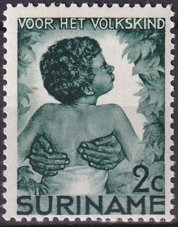 Suriname 1936 2+1c Semi-Postal “Voor het Volkskind?? (Scott B22): Issued in 1936 during Suriname’s late-colonial period, this evocative semi-postal stamp was created to raise funds for baby food programs and the charitable Green Cross Society, reflecting an era in