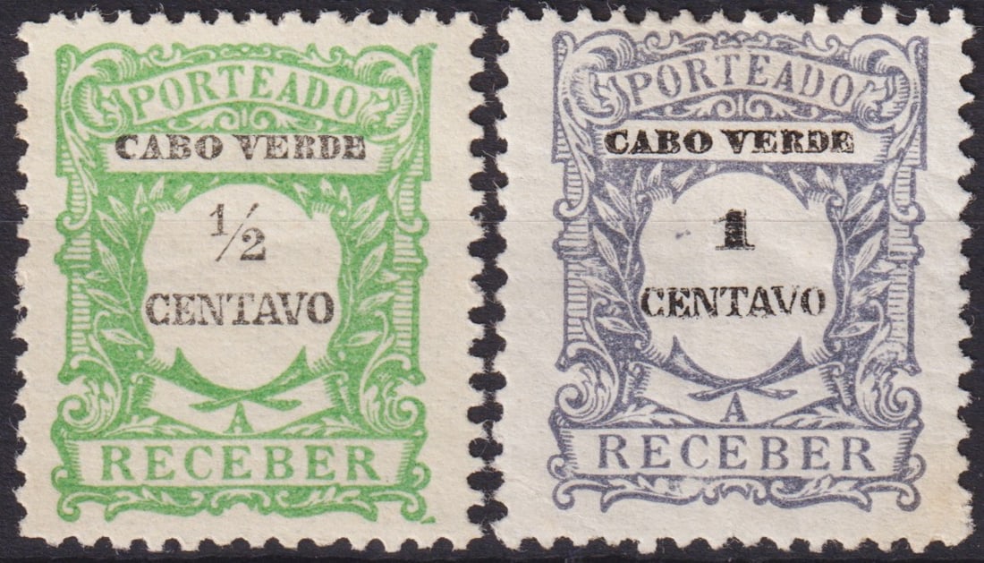 Portuguese Cape Verde 1921 Postage Due Issue Scott CV J21–J22 MNH: Issued in 1921, these postage due stamps from Cape Verde belong to the classic "Porteado" series, a design type first introduced in 1904 and characterized by an ornate baroque frame enclosing the bold