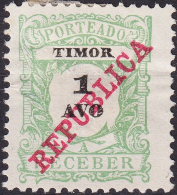 Portuguese Timor 1911 Postage Due REPUBLICA Overprint 1 Avo Scott TL J11: This scarce postage due stamp from Portuguese Timor was issued in 1911, printed by Casa da Moeda de Portugal in Lisbon using typography with perforation 12½. The original “Porteado” des