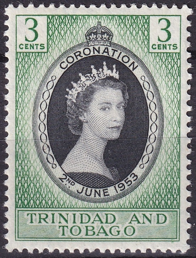 1953 Trinidad & Tobago Coronation 3c (Scott TT-84) Engraved Issue: This mint, unmounted 3 cents commemorative stamp issued by Trinidad and Tobago on 3 June 1953 was produced to mark the Coronation of Queen Elizabeth II, one of the most significant ceremonial events i