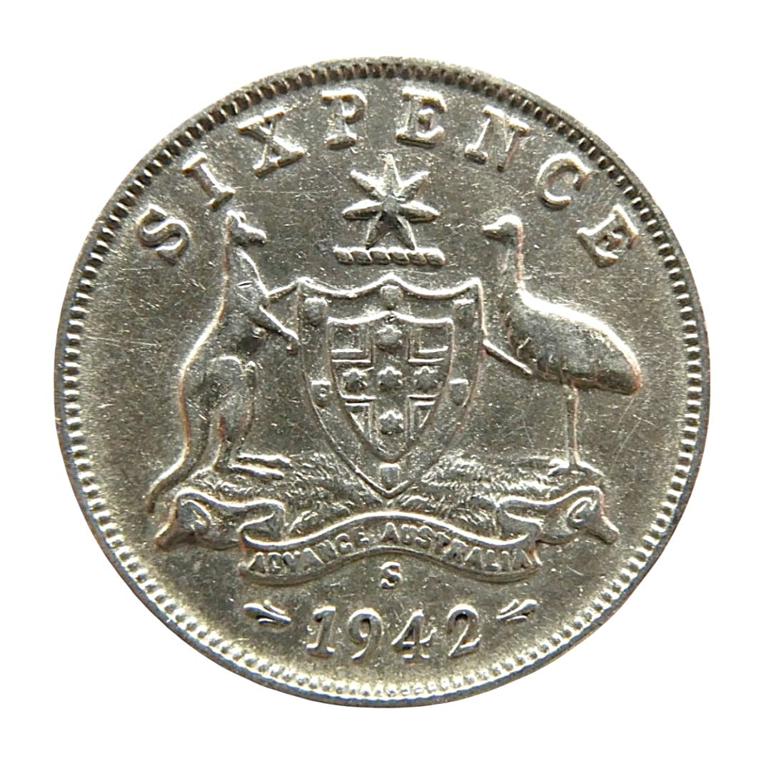 Australia 1942-S Sixpence Silver – KM 38 – George VI Coat of Arms Issue (1 of 2)
