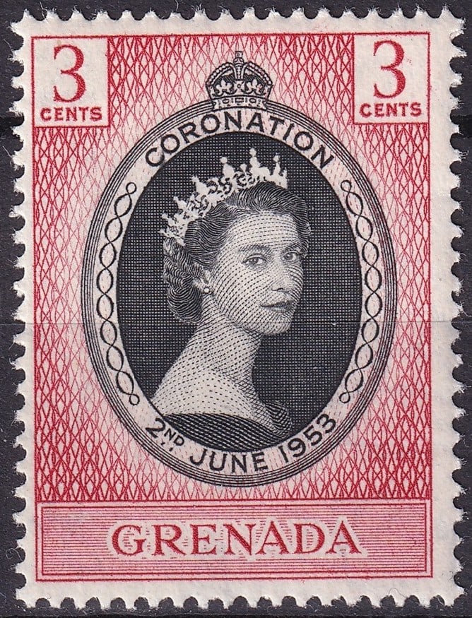 Grenada 1953 Coronation 3c Carmine & Black, Scott 170: This commemorative 3 Cents stamp of Grenada, issued on 3 June 1953 in celebration of the Coronation of Queen Elizabeth II, corresponds to Scott 170, Michel GD 162, Yvert et Tellier 161 and Stanley Gib
