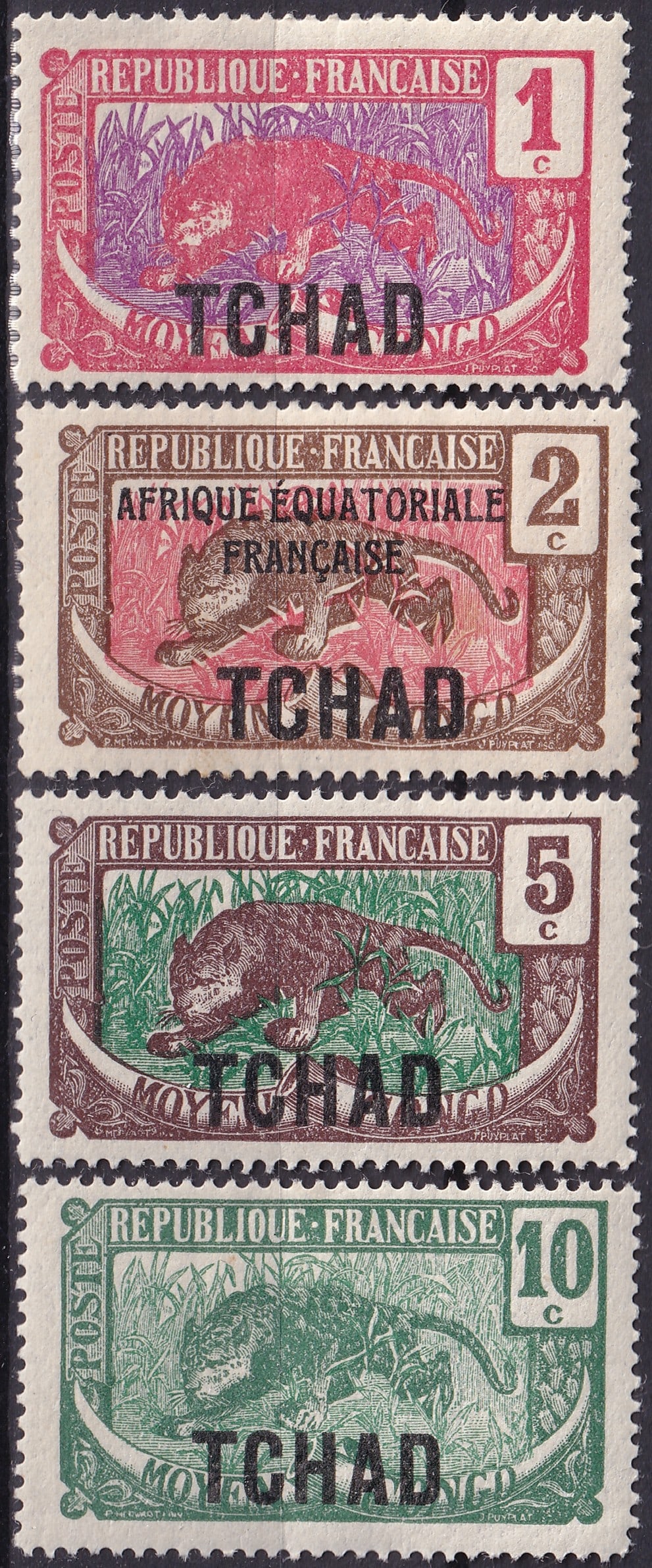 Chad 1922 1924 Leopard Definitives Overprint Set Scott TD4 TD5 TD1 TD20: This attractive group offers a historically significant quartet of early twentieth century definitive stamps issued for Chad during the French colonial administration, each bearing the bold TCHAD over