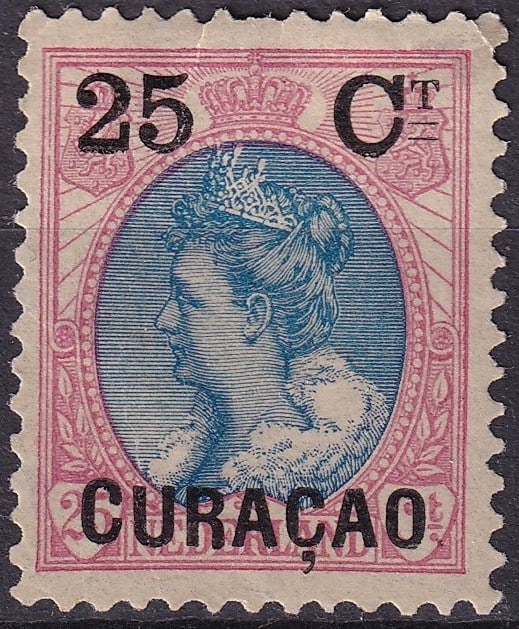 1902 Curaçao Queen Wilhelmina 25c on 25c Surcharge Scott AN 27: Issued on January 1, 1902, this 25-cent overprinted definitive from Curaçao represents one of the earliest surcharged issues derived from the Netherlands’ Queen Wilhelmina series. Printed by typogr