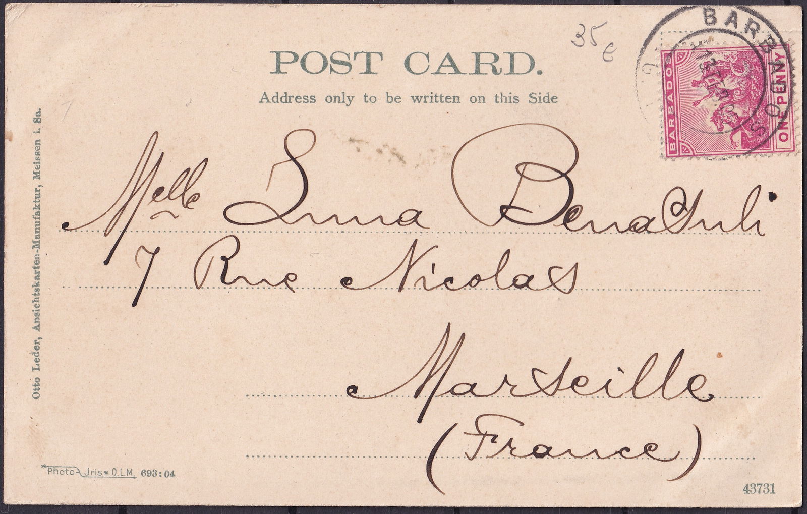 1905 Barbados Postcard Colonial View Franked SG107 Scott 72: This original picture postcard from 1905 originates from Barbados during the late Victorian colonial period and represents an authentic example of British Caribbean postal history. The card is franked