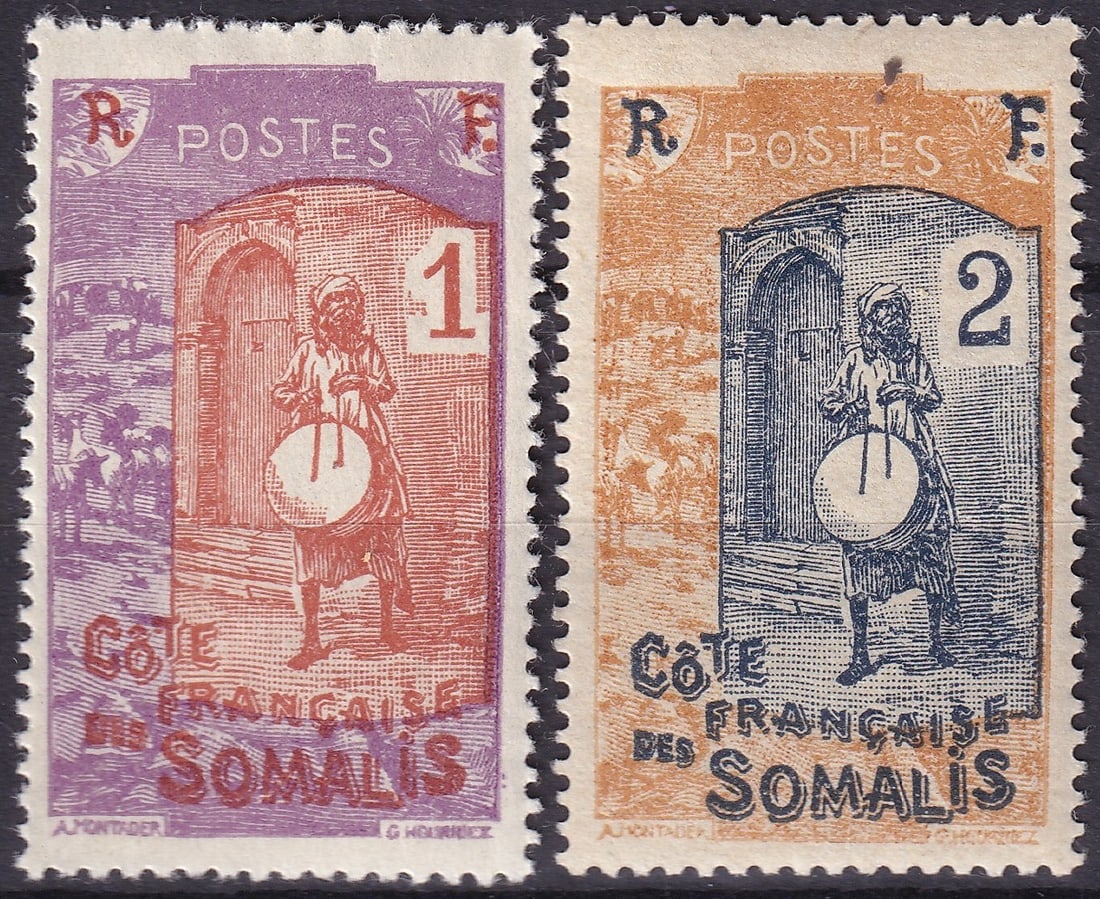 1915 French Somaliland Scott 80a 81 Local Motifs Definitives Pair: This lot presents a matched pair of early twentieth-century definitive issues from French Somaliland released in 1915, representing the celebrated Local Motifs series depicting a traditional musician