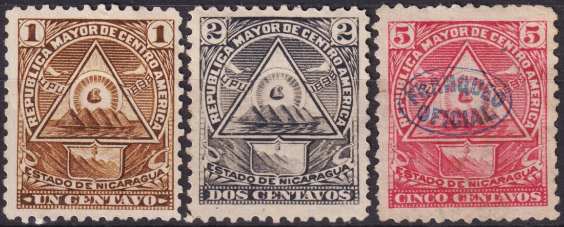 Nicaragua 1898 Coat of Arms in Triangle Scott #109A, #100, O122: This attractive trio of classic engraved issues from Nicaragua’s 1898 “Coat of Arms in a Triangle” series, produced by the Hamilton Bank Note Company, displays the national emblem framed wit