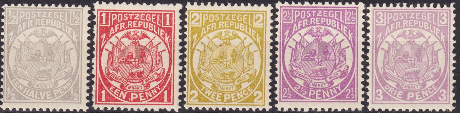 British South Africa Transvaal 1885–1893 Wagon and Arms Scott ZA-TV 123–128 set: A fine group of classic Transvaal issues from the period 1885 to 1893, representing the definitive “Wagon with One Shaft” and Arms design which became the hallmark of the South African Republi