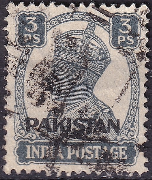 Pakistan 1947 “PAKISTAN?? Overprint on India 3 Pies Slate – King George VI (Scott PK 1): This historic issue marks the first postage stamp of the newly independent Dominion of Pakistan, created by overprinting “PAKISTAN” in bold black capitals on existing Indian King George VI def