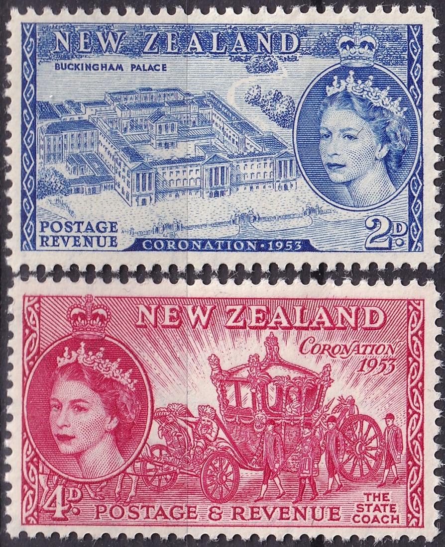 British New Zealand 1953 Coronation Issue, Scott NZ 280 & NZ 282: Issued in 1953 to commemorate the Coronation of Queen Elizabeth II, this set of engraved stamps reflects the grandeur of the new monarch’s accession. The 2d stamp (Scott NZ 280) in blue features a d