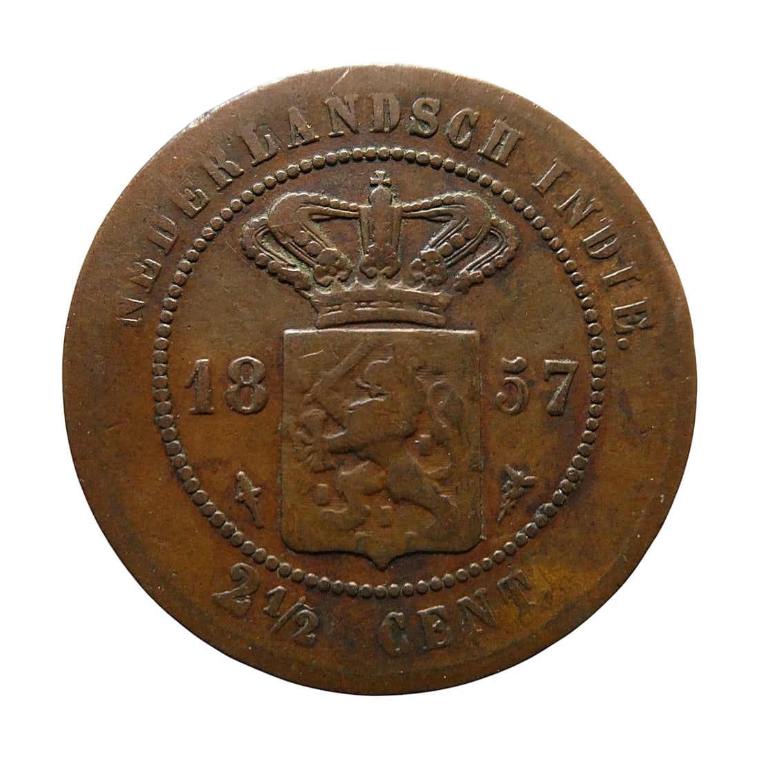 Netherlands East Indies 1857 2½ Cents Copper Coin KM#308.1 (1 of 2)